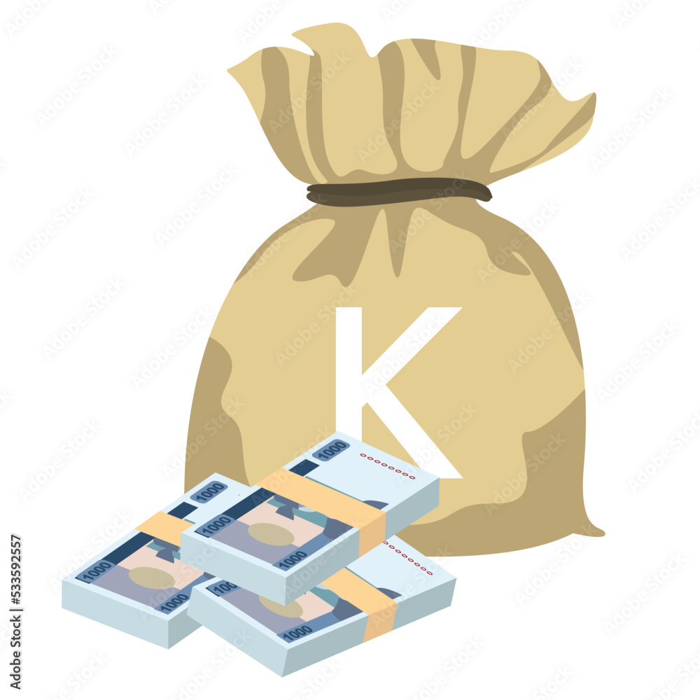Myanmar Kyat Vector Illustration. Southeast Asian money set bundle banknotes. Money bag 1000 MMK. Flat style. Isolated on white background. Simple minimal design. Myanmar Kyat Vector Illustration. Southeast Asian money set bundle banknotes. Money bag 1000 MMK. Flat style. Isolated on white background. Simple minimal design.