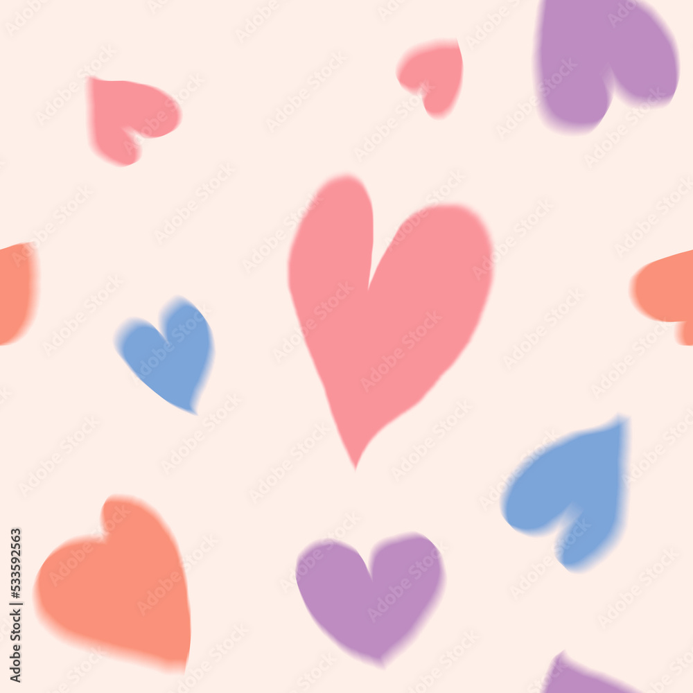 Abstract blurry heart shapes pattern. Modern colorful background with grainy texture. Noisy floating hand drawn hearts backdrop design