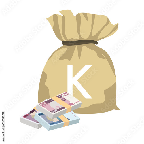 Myanmar Kyat Vector Illustration. Southeast Asian money set bundle banknotes. Money bag 5000, 1000, 500 MMK. Flat style. Isolated on white background. Simple minimal design.
