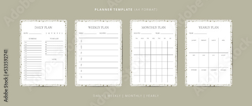 Set of daily, weekly, monthly, and yearly planner minimalist template with terrazzo pattern