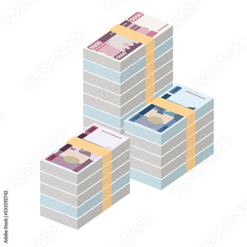 Myanmar Kyat Vector Illustration. Southeast Asian money set bundle banknotes. Paper money 5000, 1000, 500, 200 MMK. Flat style. Isolated on white background. Simple minimal design.