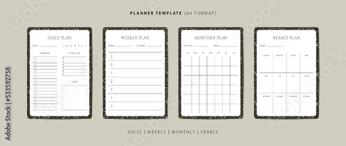 Set of daily, weekly, monthly, and yearly planner minimalist template with terrazzo pattern