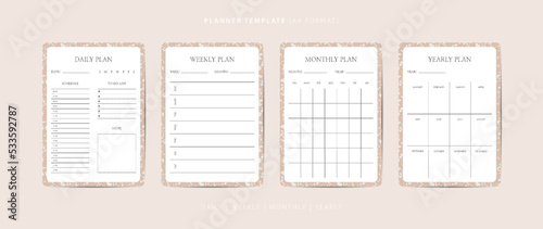 Set of daily, weekly, monthly, and yearly planner minimalist template with terrazzo pattern