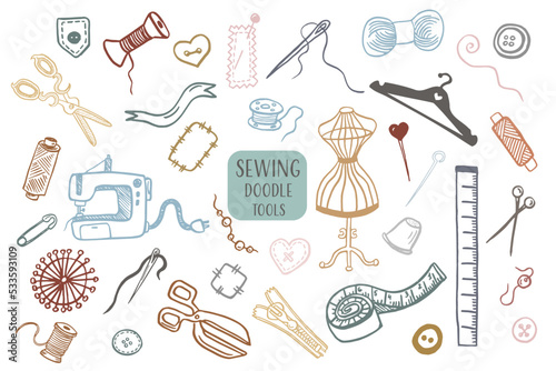 Sewing doodles hobby hand made icons vector set. Vector outline illustration. Tailoring background for logo, web and print designs.