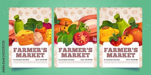 Farmers market posters with farm produce, vegetables, fruits, eggs and bag with flour. Agriculture harvest, fresh potato, carrots, tomatoes, apples and cheese, vector flyers with cartoon illustration