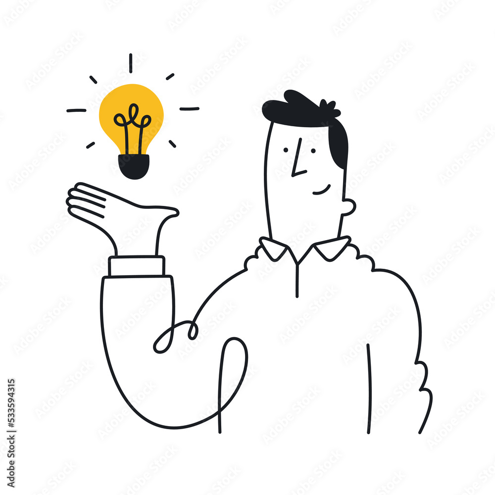 Businessman holding a bulb, idea symbol. Concept of idea presentation, smart innovation, solution, startup, creativity. Outline, linear, thin line, doodle art. Simple style with editable stroke.