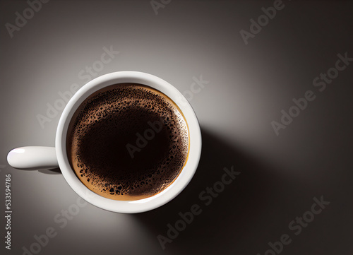 Coffee or espresso cup seen from the height, on brown background, for visual, banner or restaurant menu, minimalist, 3D illustration