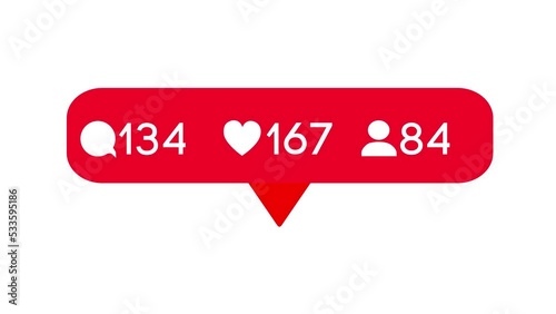 Social network user interface quick increase. Red social media icons with animated likes, followers, comments. Social network counters with counting numbers. Animation, alpha channel, white background photo