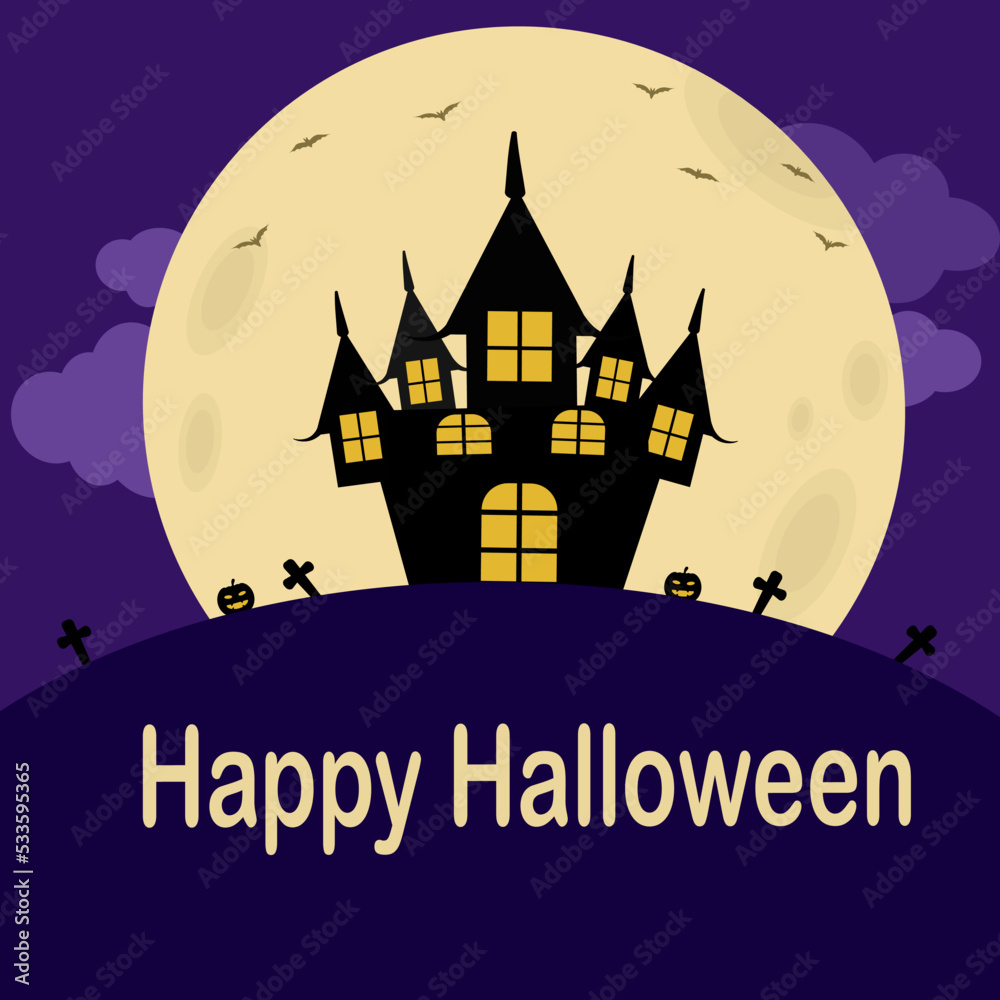 Happy Halloween vector illustration, spooky haunted house castle with grave and pumpkin at graveyard with full moon dark purple night as background, Autumn Halloween holiday celebration.