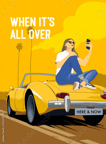 Pretty Girl making selfie sitting on top of convertible