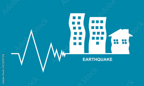 White building city house was shaken on graph wave richter scale low and high earthquake disaster icon warning sign on blue background flat vector design.