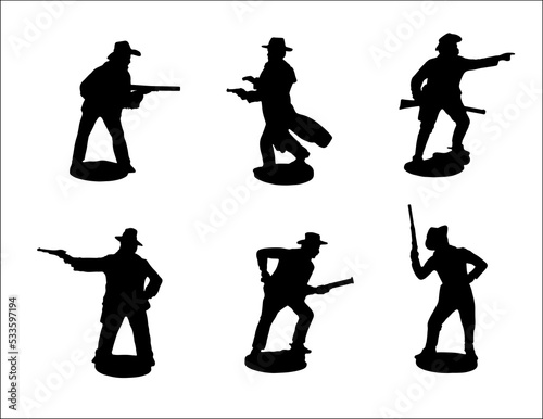 Cowboys. Gunslingers from the Wild West in different poses. Vector silhouette with gunfighter. photo