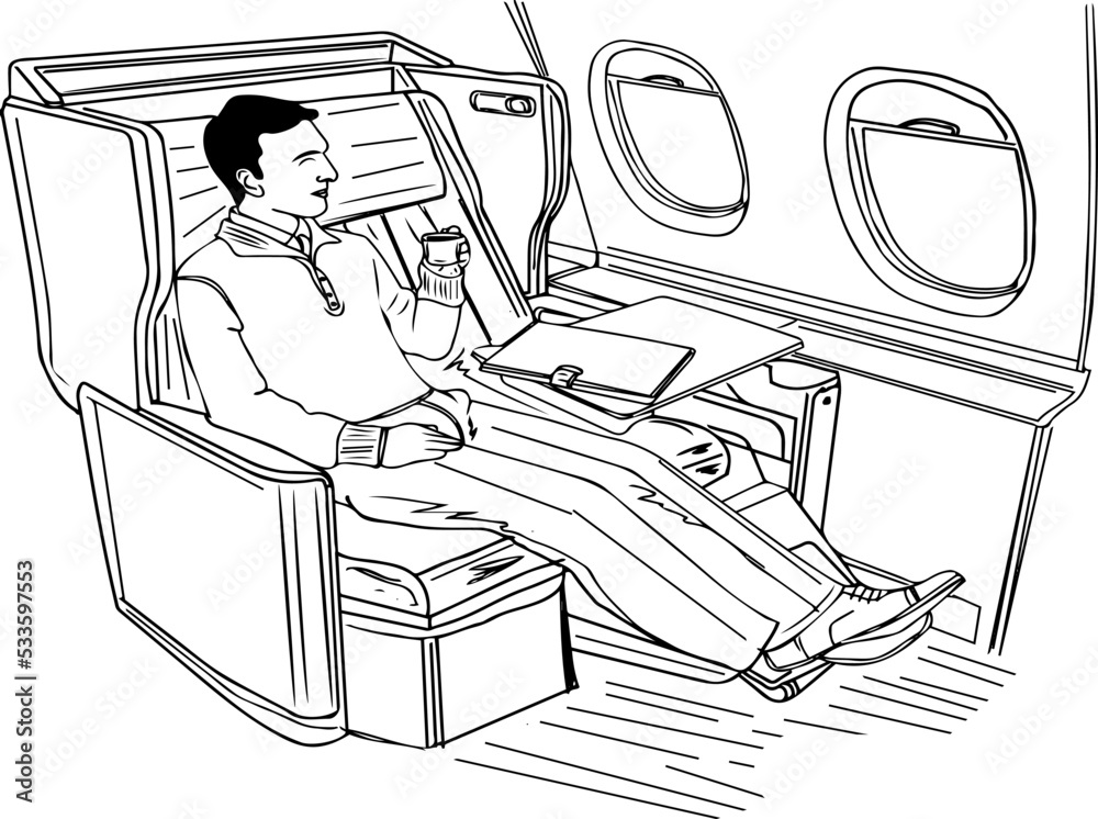 Professional man sitting in Business class flight outline vector illustration, panoramic shot of businessman in suit looking through window in private plane sketch drawing, Business class flight seat 