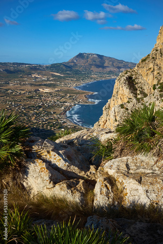 cornino bay seen from above with the valderice and mount erice near to Trapani in the early morning