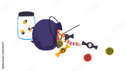 Halloween candies, treats falling, scattering from cauldron. Helloween sweets, lollypops, sweetmeats composition for October holiday. Flat vector illustration isolated on white background