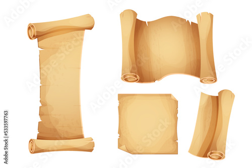 Set ancient old parchment paper, scroll, page empty medieval letter in cartoon style isolated on white background. Game asset, grunge frame, manuscript.
