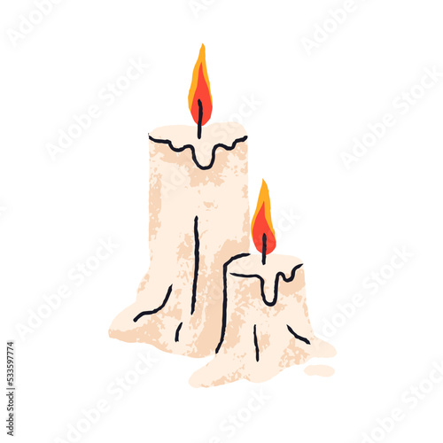 Melting wax candles with glowing fire light. Memory candlelights with burning flame, lit wicks. Cozy decoration. Flat vector illustration isolated on white background