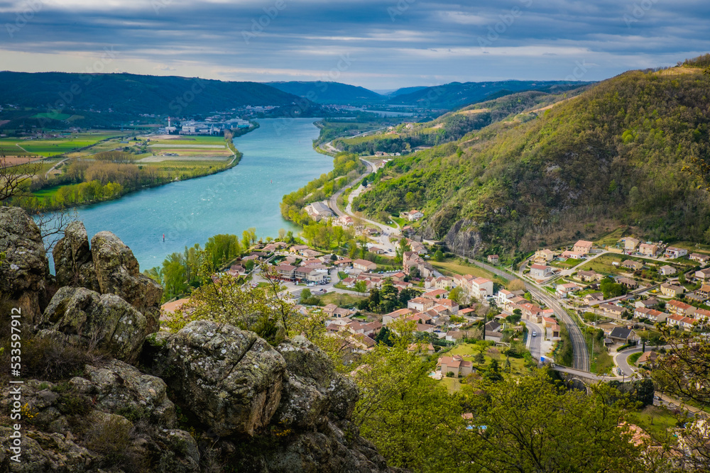 View on the village of Andance and the Rhone river from the Three Crosses Belvedere in Ardeche, France