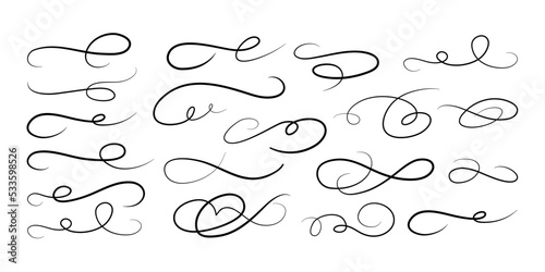 Calligraphic swoosh tail set, underline marker strockes. Sport logo typography elements. Texting letters tail for lettering. Vector illustration