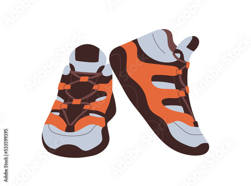 Sport footwear, trekking sneakers. Hiking foot wear pair design. Modern comfortable trainers. Fashion stylish comfy footgear. Flat vector illustration isolated on white background