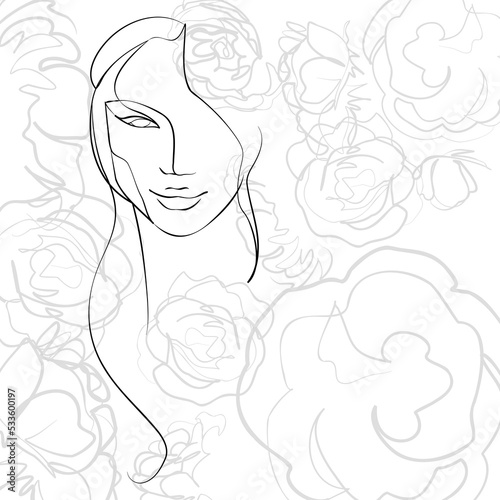 One continuous line hand drawn vector art with beautiful woman face in elegant curve. Black isolated on white background. Modern simplistic design for fashion  wall art  print  tattoo  cover  card.