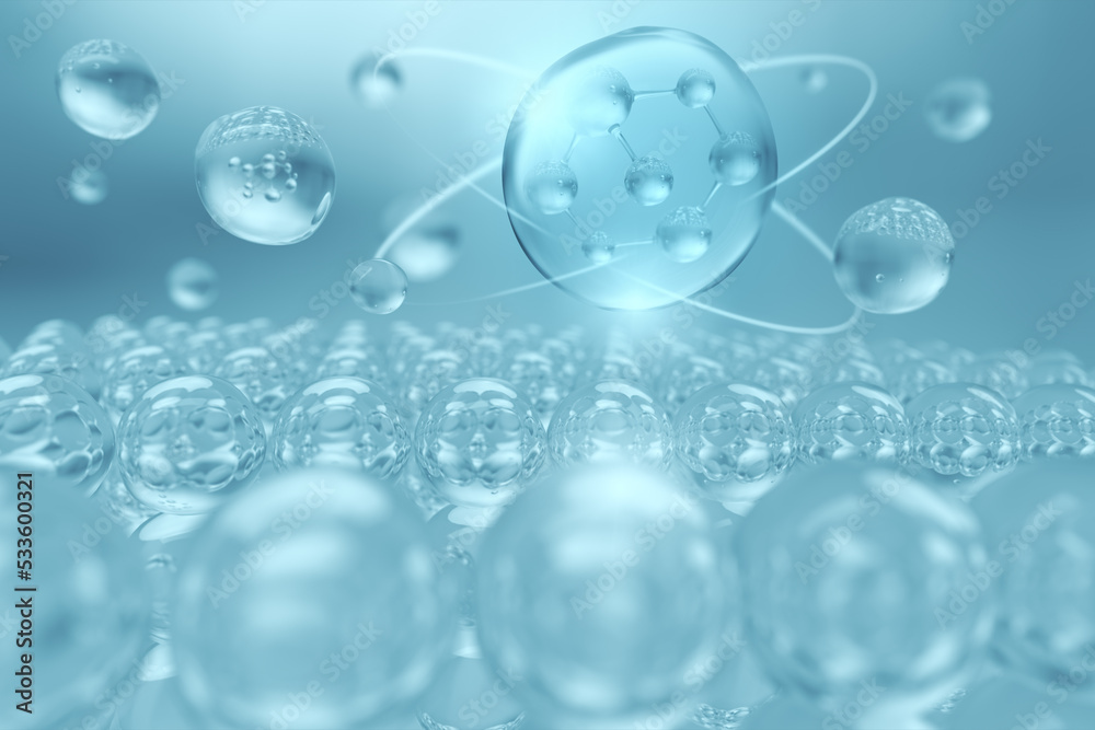 Molecule inside liquid bubble, Cosmetic essence, 3d rendering