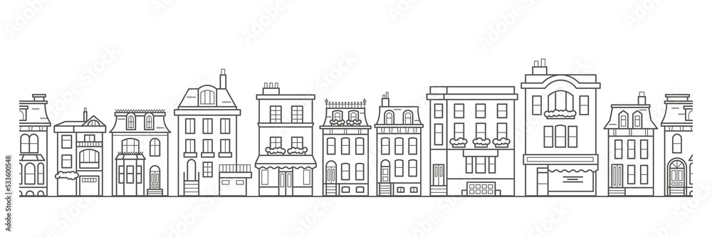 European buildings skyline. Linear cityscape with various row houses. Outline seamless border with old Dutch buildings.