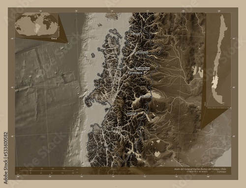 Aisen del General Carlos Ibanez del Campo, Chile. Sepia. Labelled points of cities photo