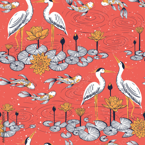 Vector seamless pattern with water lilies lotus flowers, cranes and koi fishes. Perfect for textile, fabric, wallpapers, graphic art, printing etc.