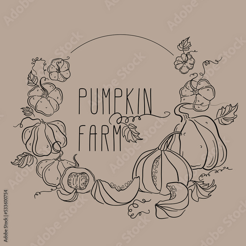 Different types of autumn whole pumpkins. Autumn vegetable composition with pumpkin, squash, leaves. Autumnal still life of fall season harvest. Realistic hand-drawn vector illustration set isolated.
