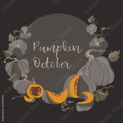 Different types of autumn whole pumpkins. Autumn vegetable composition with pumpkin, squash, leaves. Autumnal still life of fall season harvest. Realistic hand-drawn vector illustration set isolated.