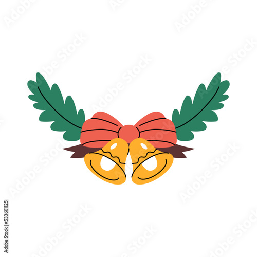 Golden christmas bells with a red ribbon and fir-tree branches