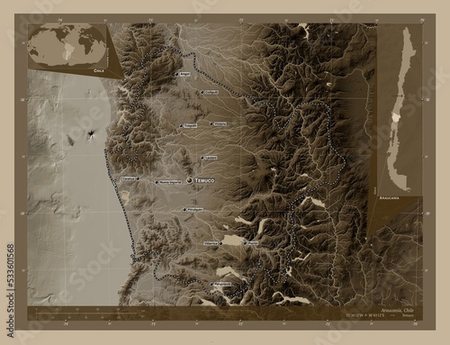 Araucania, Chile. Sepia. Labelled points of cities photo