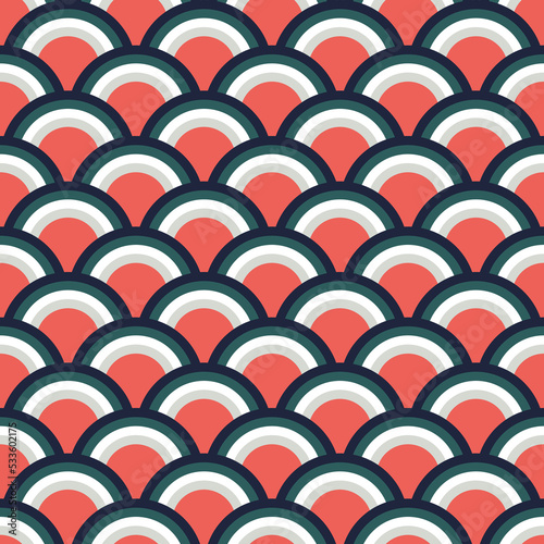 Orange and green seamless wave pattern, linear design, Japanese style geometrical pattern - vector illustration