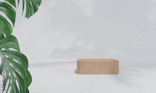 Fototapeta Naklejka Na Ścianę i Meble -  Podium with colorful pastel background and tree or leaf stand or podium pedestal on advertising display with blank backdrops. 3D rendering.