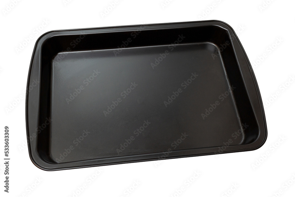 Empty black rectangular baking tray. Isolated on white background. Baking tray for baking in the oven. Top view. Empty black rectangular baking tray. Isolated on white background. Baking tray for baking in the oven. Top view.