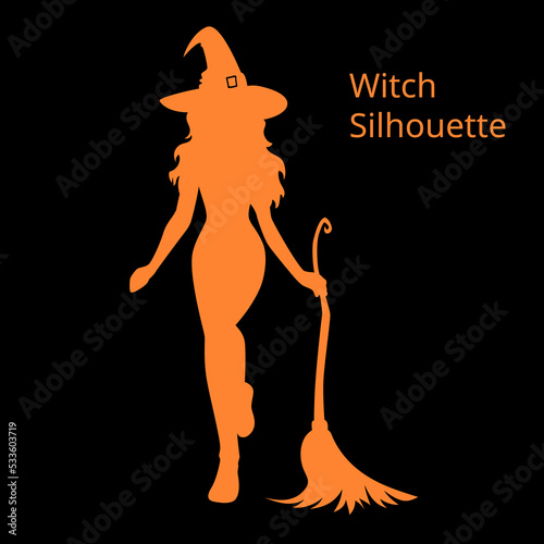 Silhouette of halloween beautiful sexy witch with broom and hat, vector illustration isolated