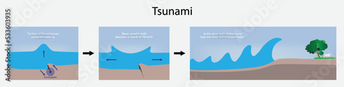 illustration of physics and biology,Tsunami waves are caused by earthquakes under the ocean or by volcanic eruptions, tsunami has a high destructive power,  emergency situation and natural phenomenon