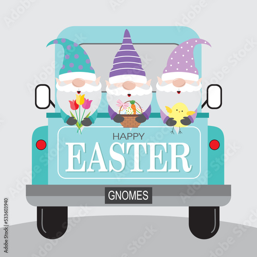 happy easter card with gnomes on the car