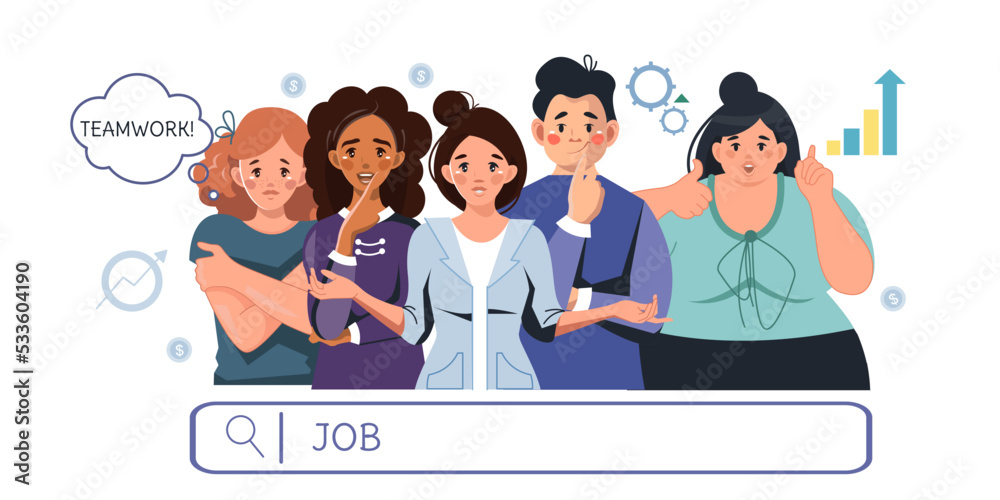 Joyful diverse people are looking for work. Teamwork. Invitation to the team Joyful diverse people are looking for work. Teamwork. Invitation to the team