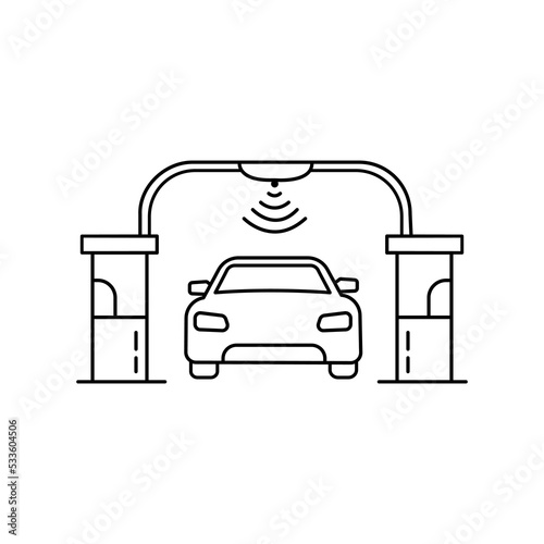 Thin line freeway with toll checkpoint gate. concept of transport illustration for express road station. linear simple trend modern check point logotype graphic design isolated on white background