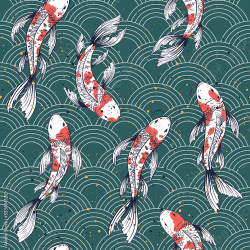 Vector seamless pattern with koi fishes, Japanese carps. Red, green, white