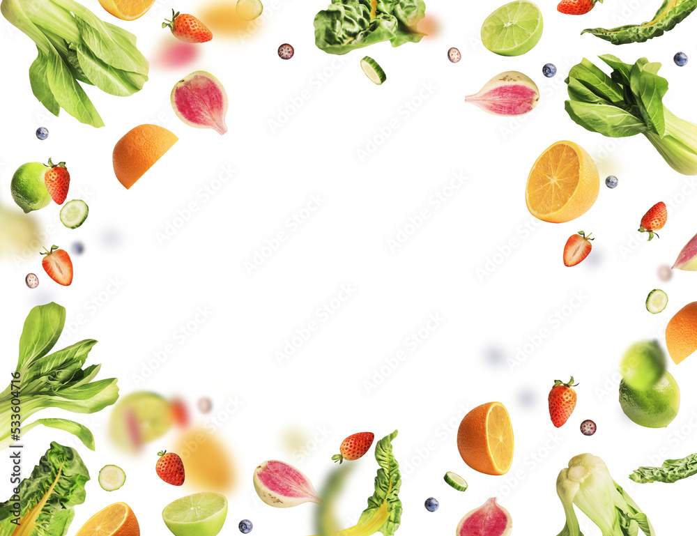 Frame of various flying or falling summer fruits, berries and vegetables on transparent background. Healthy food. Detox and dieting concept
 - obrazy, fototapety, plakaty 