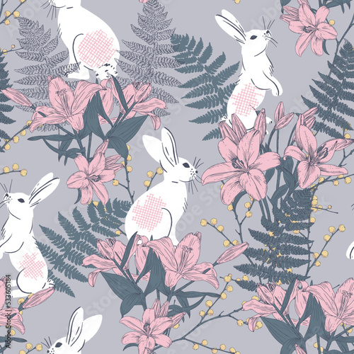 Hand drawn vintage magic forest seamless pattern with bunnies, lillies and fern.