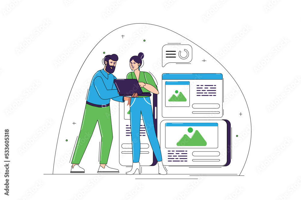 Web development blue and green concept with people scene in the flat cartoon style. Two programmer agree on the design of web site. Vector illustration.