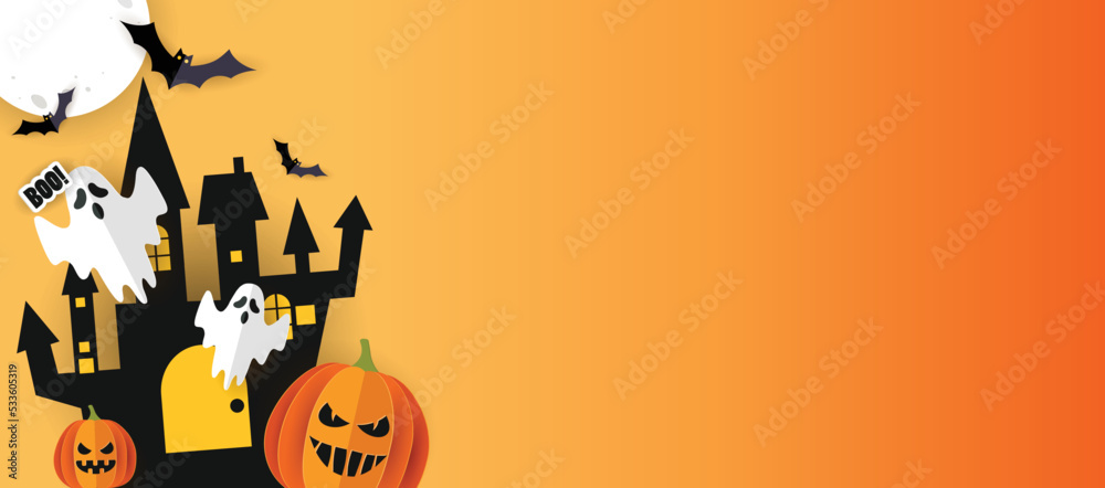 Happy Halloween banner vector. Halloween background with bats, ghosts and pumpkin in paper cut style. Halloween poster design.