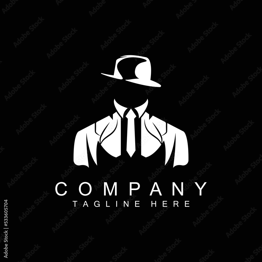 Detective Man Logo Design, Mafia Detective Fashion Tuxedo And Hat Illustration Vector, BlackMan Businesman Icon