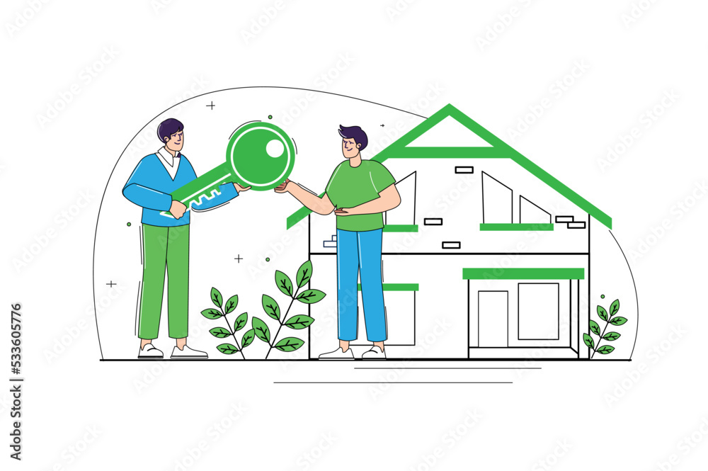 Real estate blue and green concept with people scene in the flat cartoon design. Realtor gives the man the key to his new house. Vector illustration.