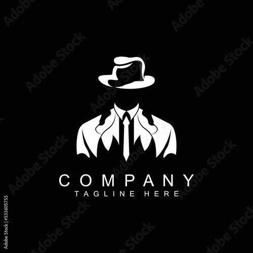Detective Man Logo Design, Mafia Detective Fashion Tuxedo And Hat Illustration Vector, BlackMan Businesman Icon