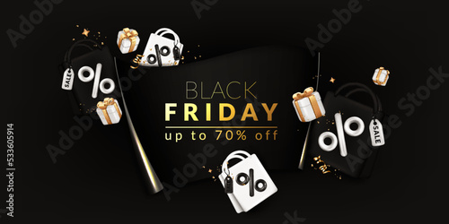 Black Friday concept. Card with paper banner, gift boxes, shopping bags, ribbons and confetti.